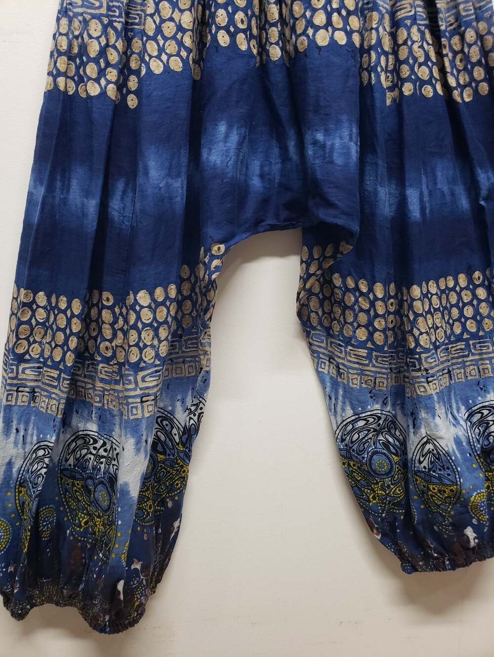 Boho Tie-Dye Harem Pants Blue Cream Mandala Print Smocked Waist Festival Hippie - Picture 10 of 12